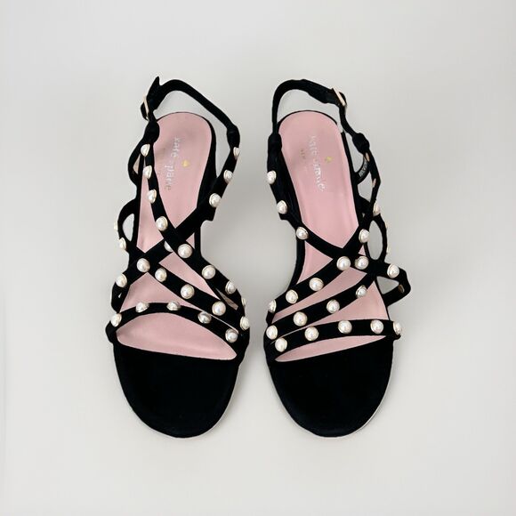 Kate Spade Wynne Black Suede Pearl Embellished Block Heel Sandals Women's Sz 7.5 - Picture 3 of 11